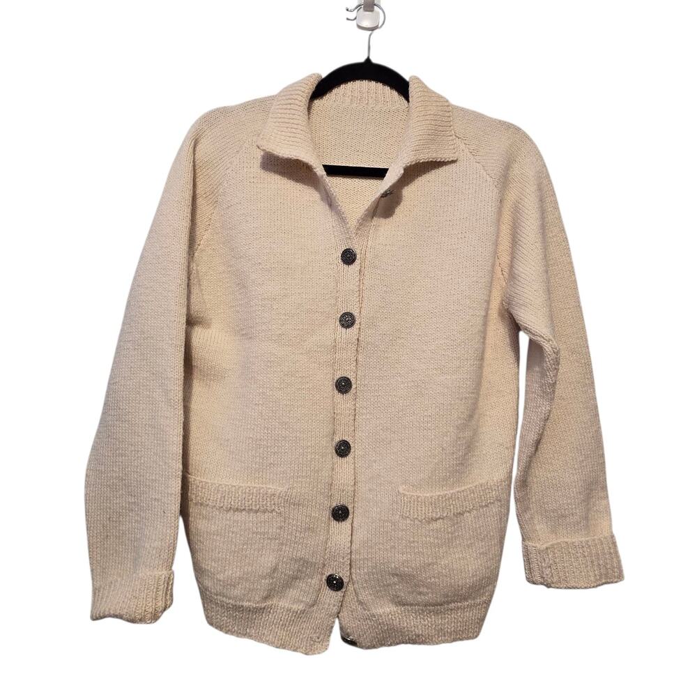 Vtg Hand Knit Beige Cardigan Sweater Womens M L Pockets Silver Buttons Grandpa